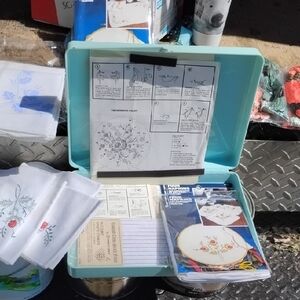 Vintage Turquoise Sewing Kit with Embroidery Patterns